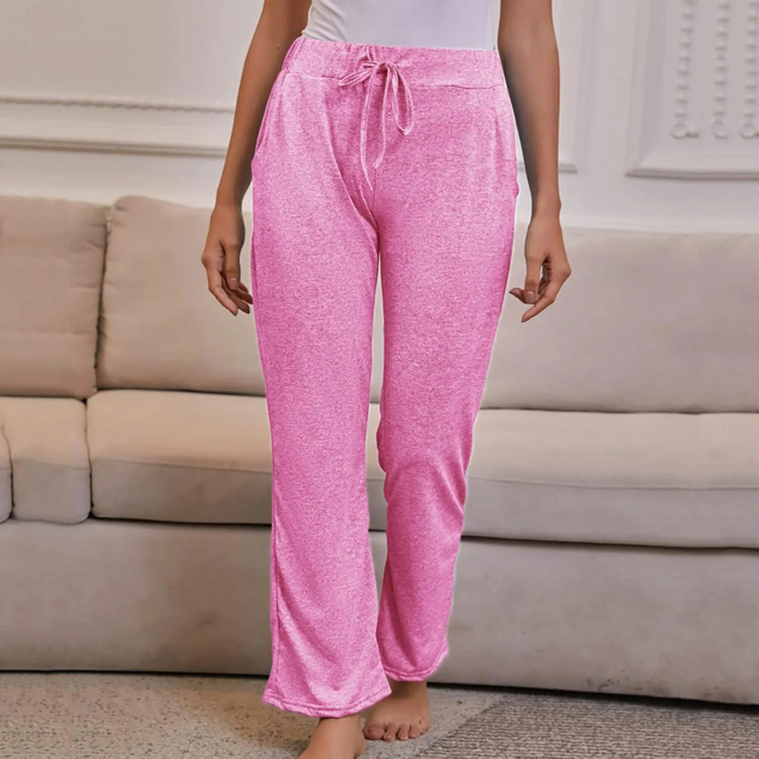 FZYLQY Wide Leg Pants for Women Casual Plus Size Elastic High Waist Drawstring Straight Leg Comfy Solid Lounge Long Trousers