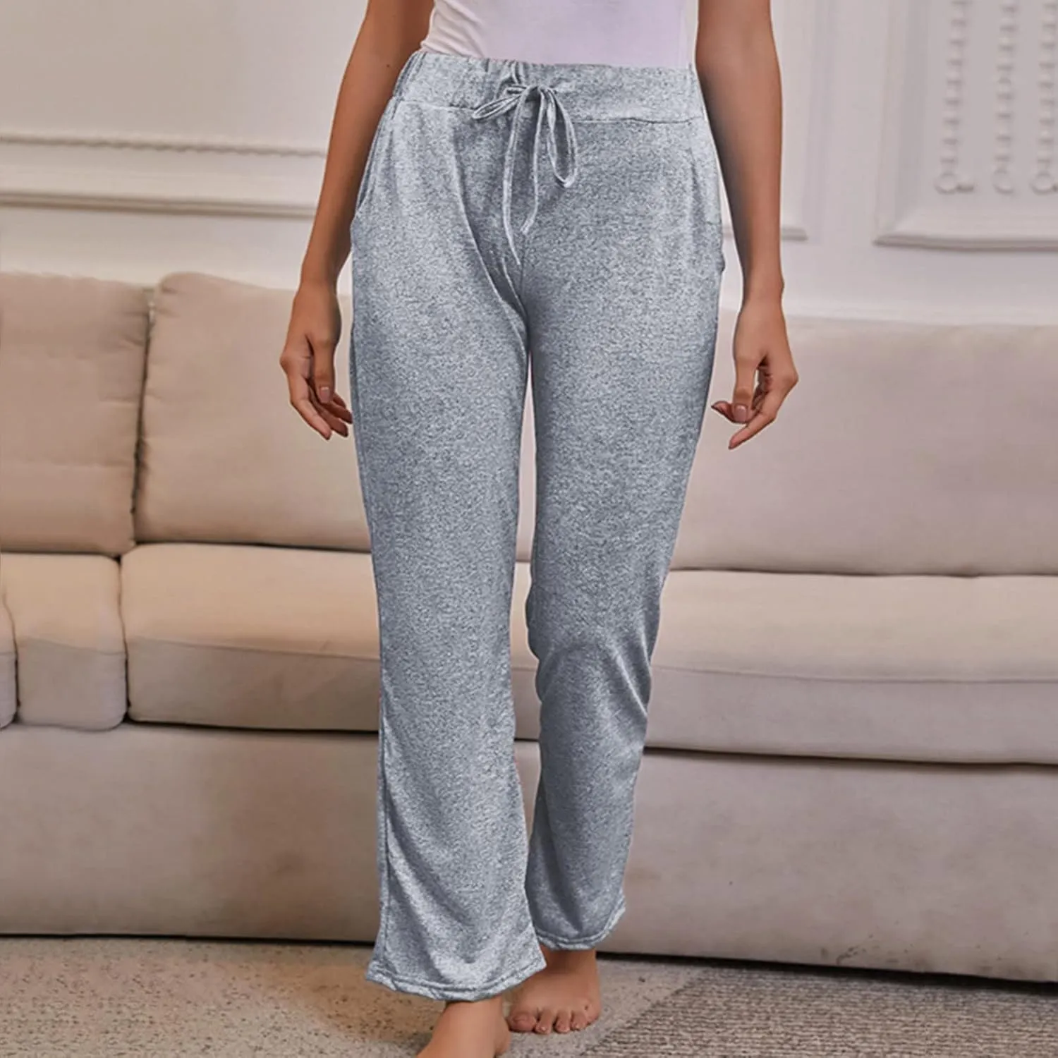 FZYLQY Wide Leg Pants for Women Casual Plus Size Elastic High Waist Drawstring Straight Leg Comfy Solid Lounge Long Trousers