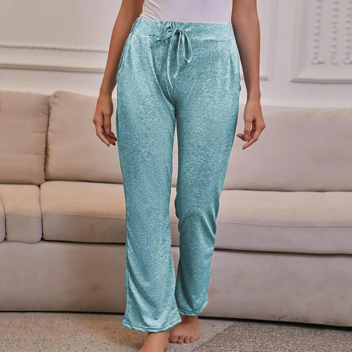 FZYLQY Wide Leg Pants for Women Casual Plus Size Elastic High Waist Drawstring Straight Leg Comfy Solid Lounge Long Trousers