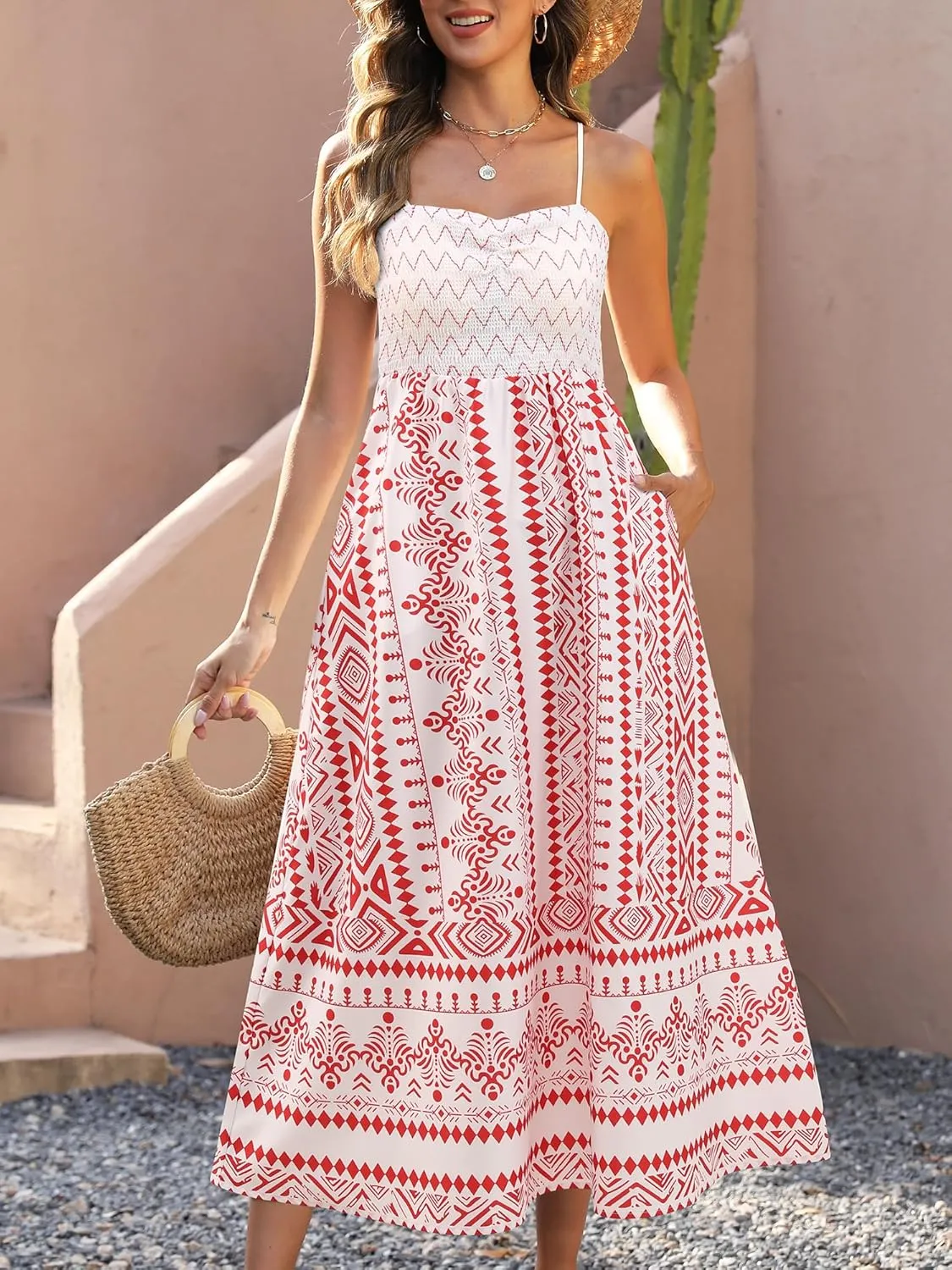 Gardenwed Women's Floral Print Maxi Dress,Spaghetti Strap Smocked Bodice A-Line Sundress with Pockets