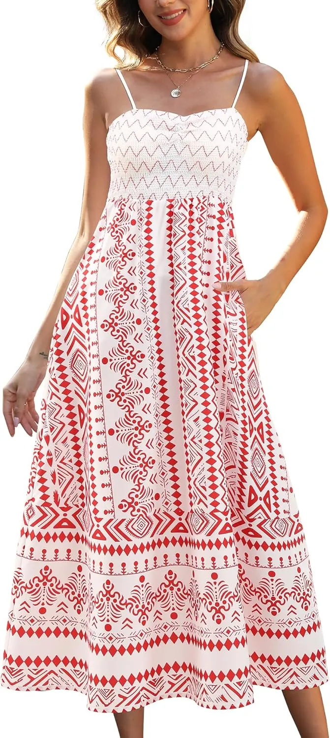 Gardenwed Women's Floral Print Maxi Dress,Spaghetti Strap Smocked Bodice A-Line Sundress with Pockets