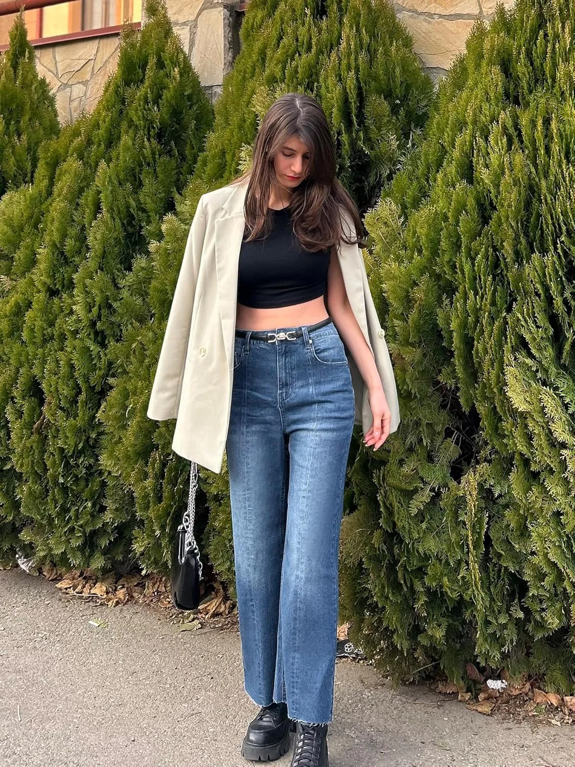 Genleck Women's Wide Leg Cropped High Waisted Seamed Front Raw Hem Denim Pants - Trendy Stretchy Baggy Jeans