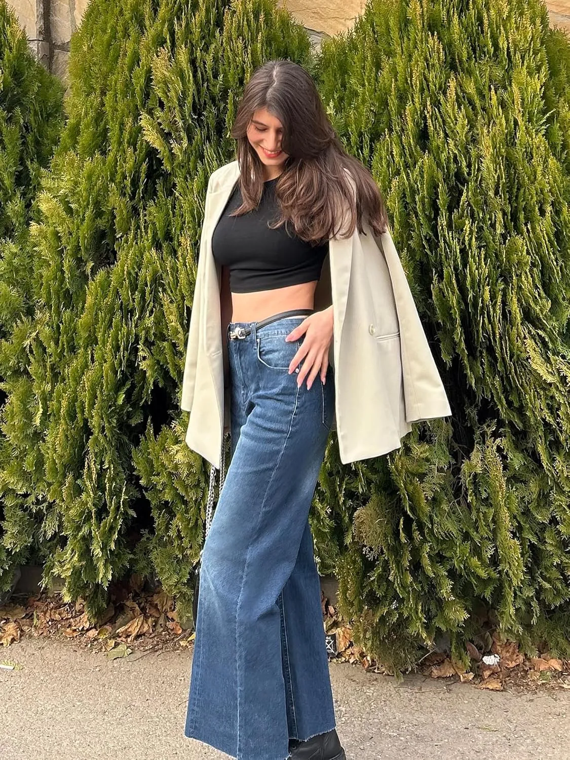 Genleck Women's Wide Leg Cropped High Waisted Seamed Front Raw Hem Denim Pants - Trendy Stretchy Baggy Jeans