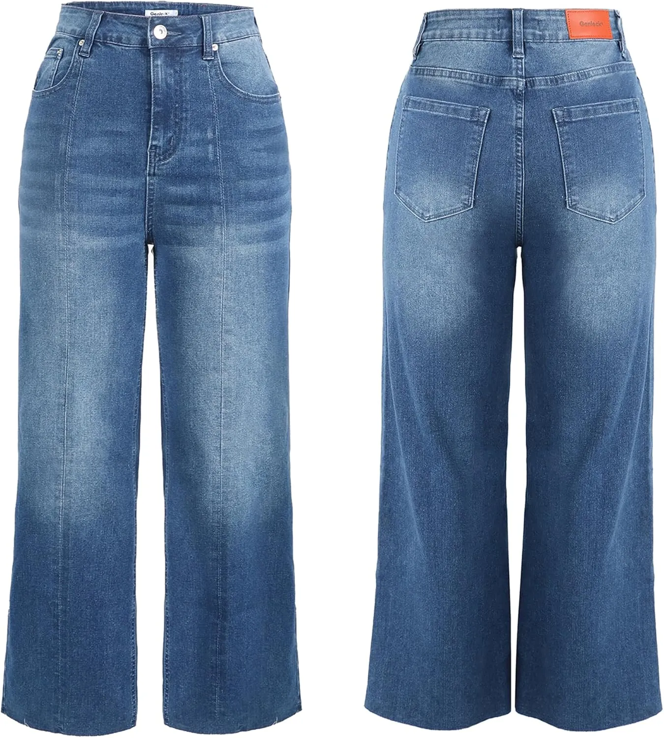 Genleck Women's Wide Leg Cropped High Waisted Seamed Front Raw Hem Denim Pants - Trendy Stretchy Baggy Jeans