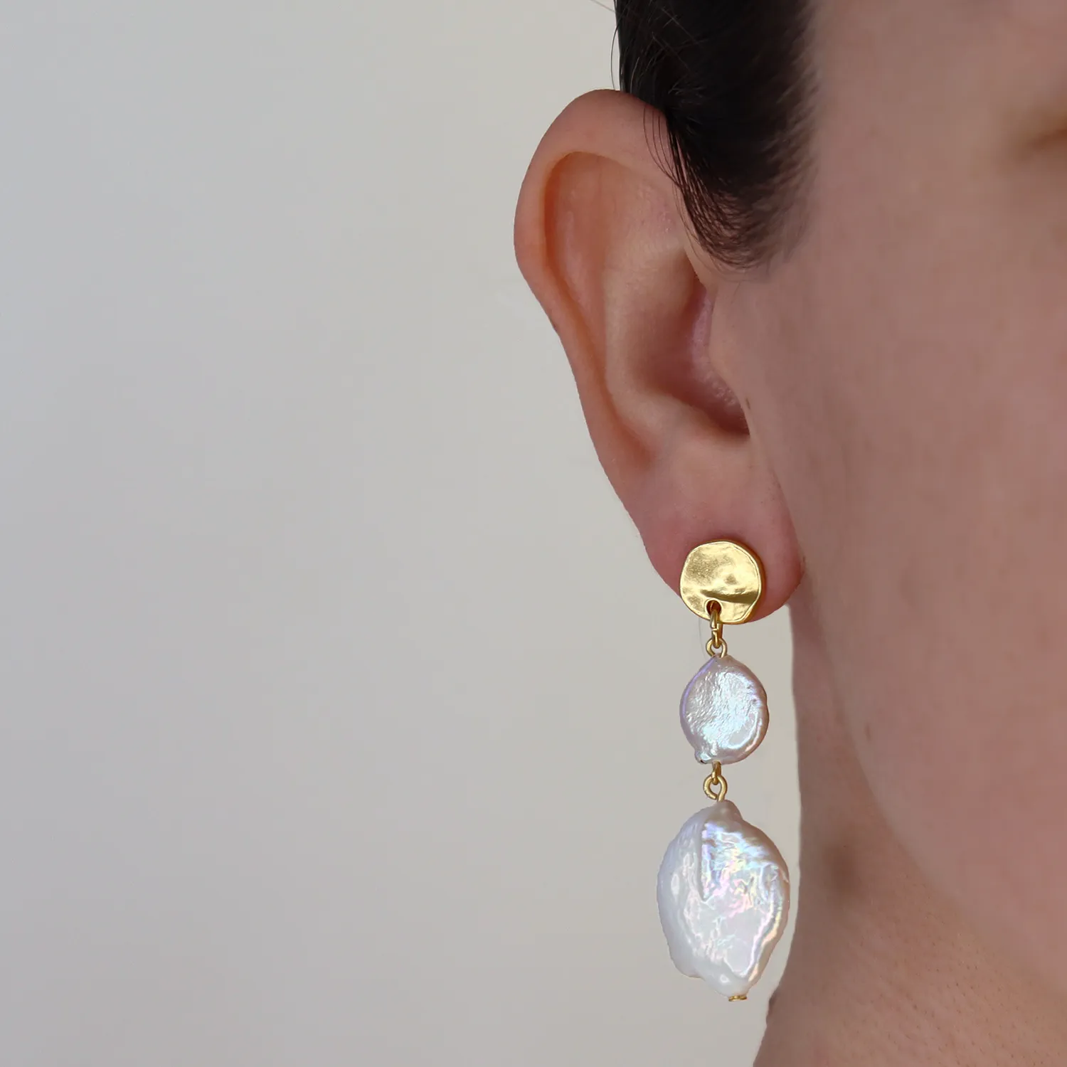 Genuine flat pearl linear drop earrings