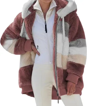 Giraropa Women Fleece Jackets Zip Hoodies Sherpa Teddy Coat Winter Warm Oversized Sweatshirt Contrast Fluffy Jumper Outwear