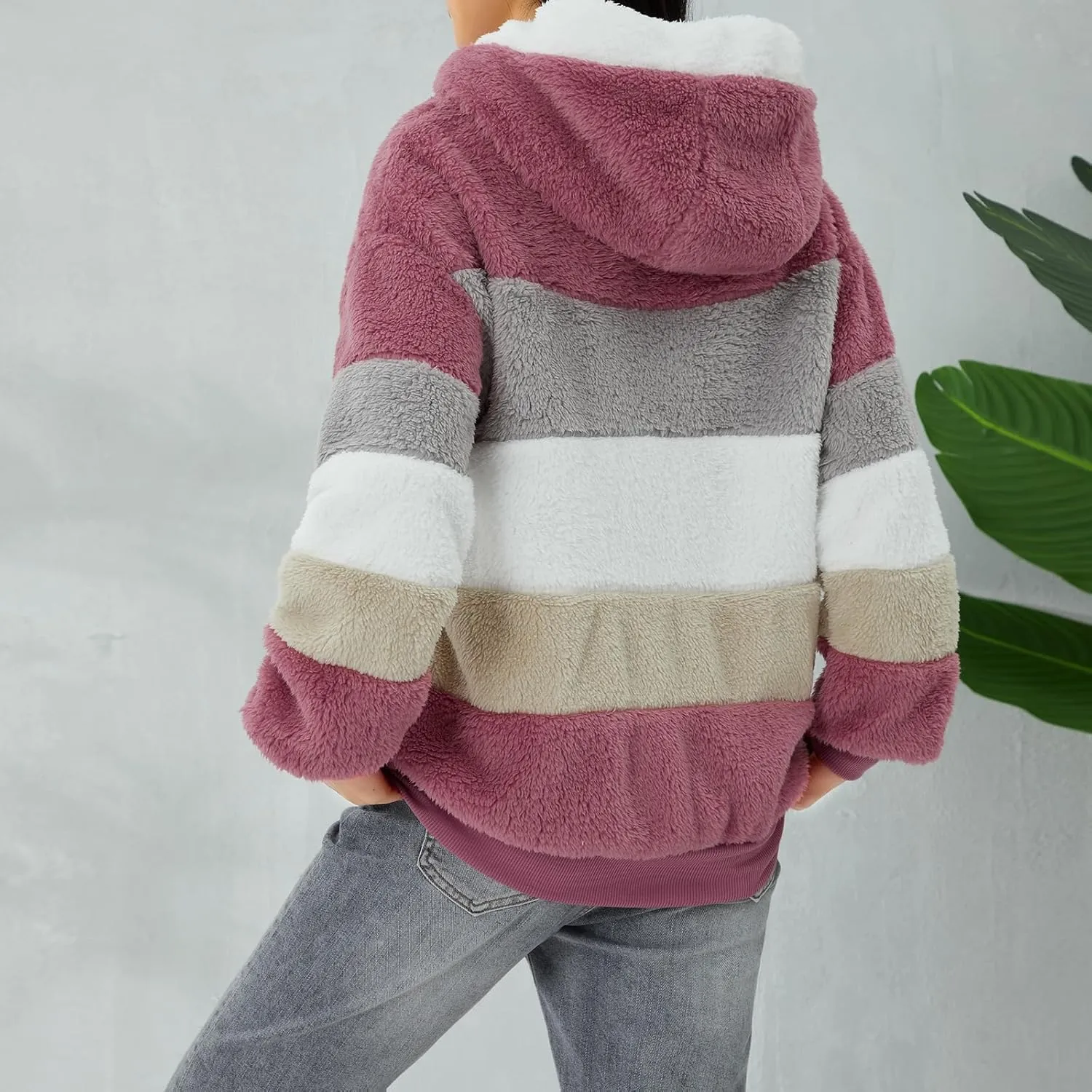Giraropa Women Fleece Jackets Zip Hoodies Sherpa Teddy Coat Winter Warm Oversized Sweatshirt Contrast Fluffy Jumper Outwear