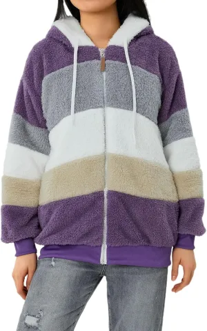 Giraropa Women Fleece Jackets Zip Hoodies Sherpa Teddy Coat Winter Warm Oversized Sweatshirt Contrast Fluffy Jumper Outwear