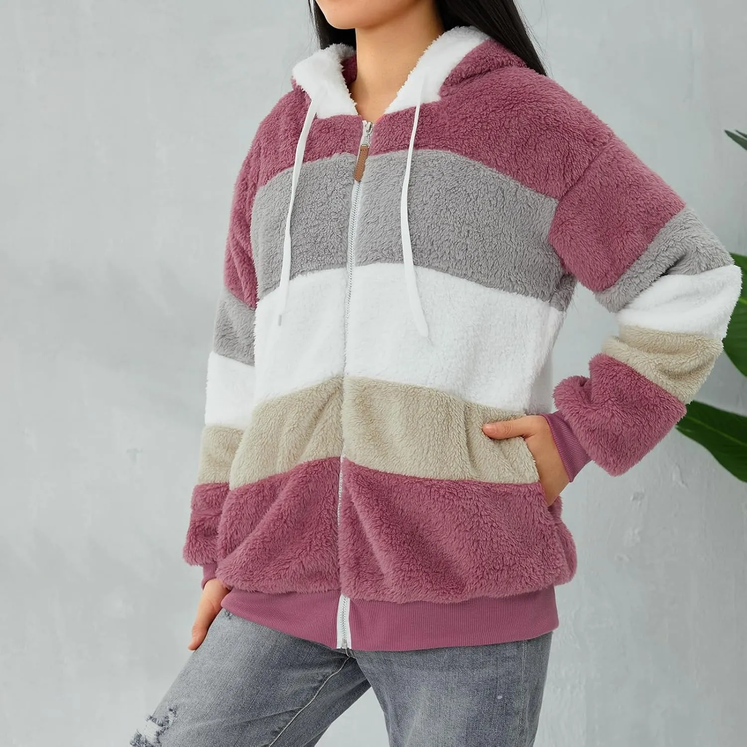 Giraropa Women Fleece Jackets Zip Hoodies Sherpa Teddy Coat Winter Warm Oversized Sweatshirt Contrast Fluffy Jumper Outwear