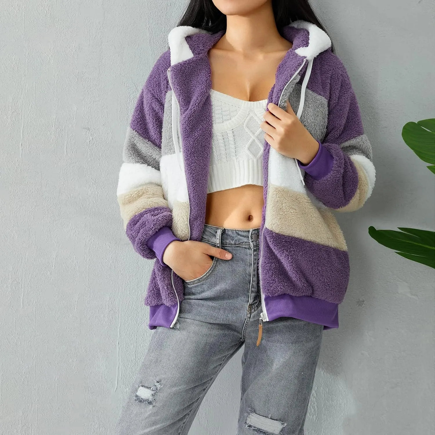 Giraropa Women Fleece Jackets Zip Hoodies Sherpa Teddy Coat Winter Warm Oversized Sweatshirt Contrast Fluffy Jumper Outwear