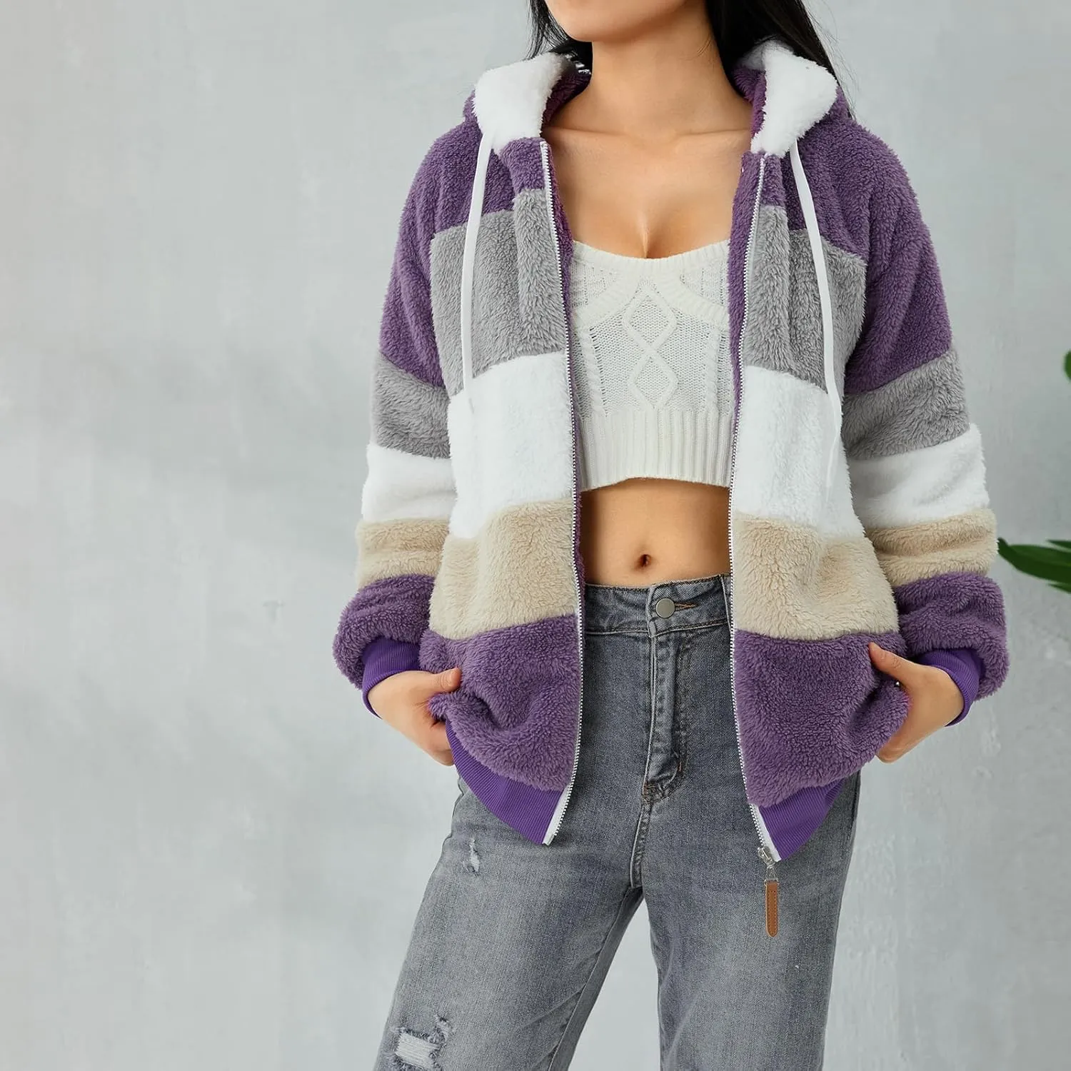 Giraropa Women Fleece Jackets Zip Hoodies Sherpa Teddy Coat Winter Warm Oversized Sweatshirt Contrast Fluffy Jumper Outwear