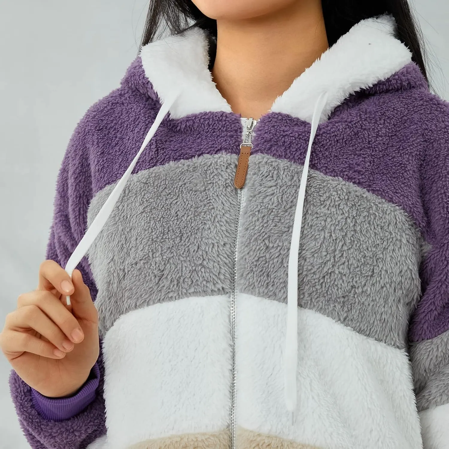 Giraropa Women Fleece Jackets Zip Hoodies Sherpa Teddy Coat Winter Warm Oversized Sweatshirt Contrast Fluffy Jumper Outwear