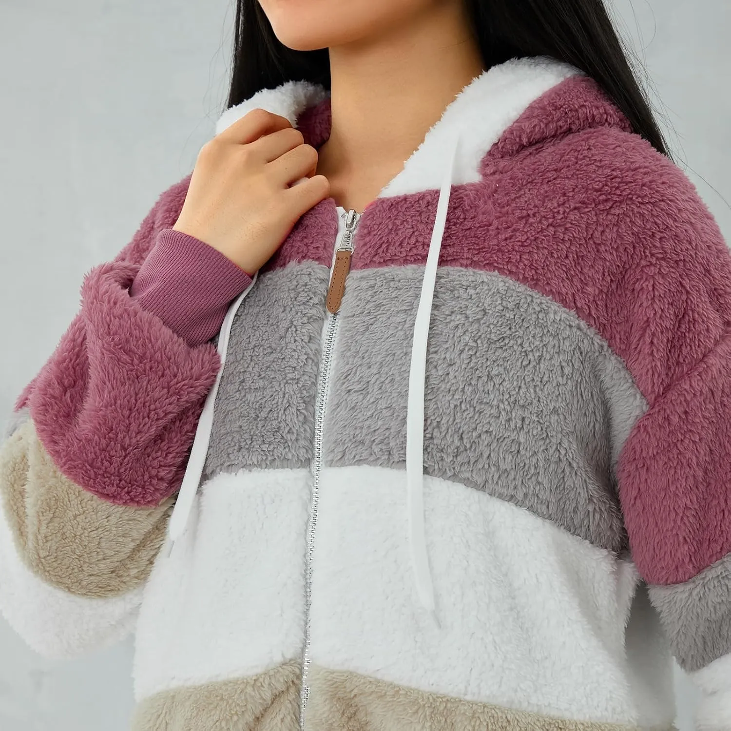 Giraropa Women Fleece Jackets Zip Hoodies Sherpa Teddy Coat Winter Warm Oversized Sweatshirt Contrast Fluffy Jumper Outwear