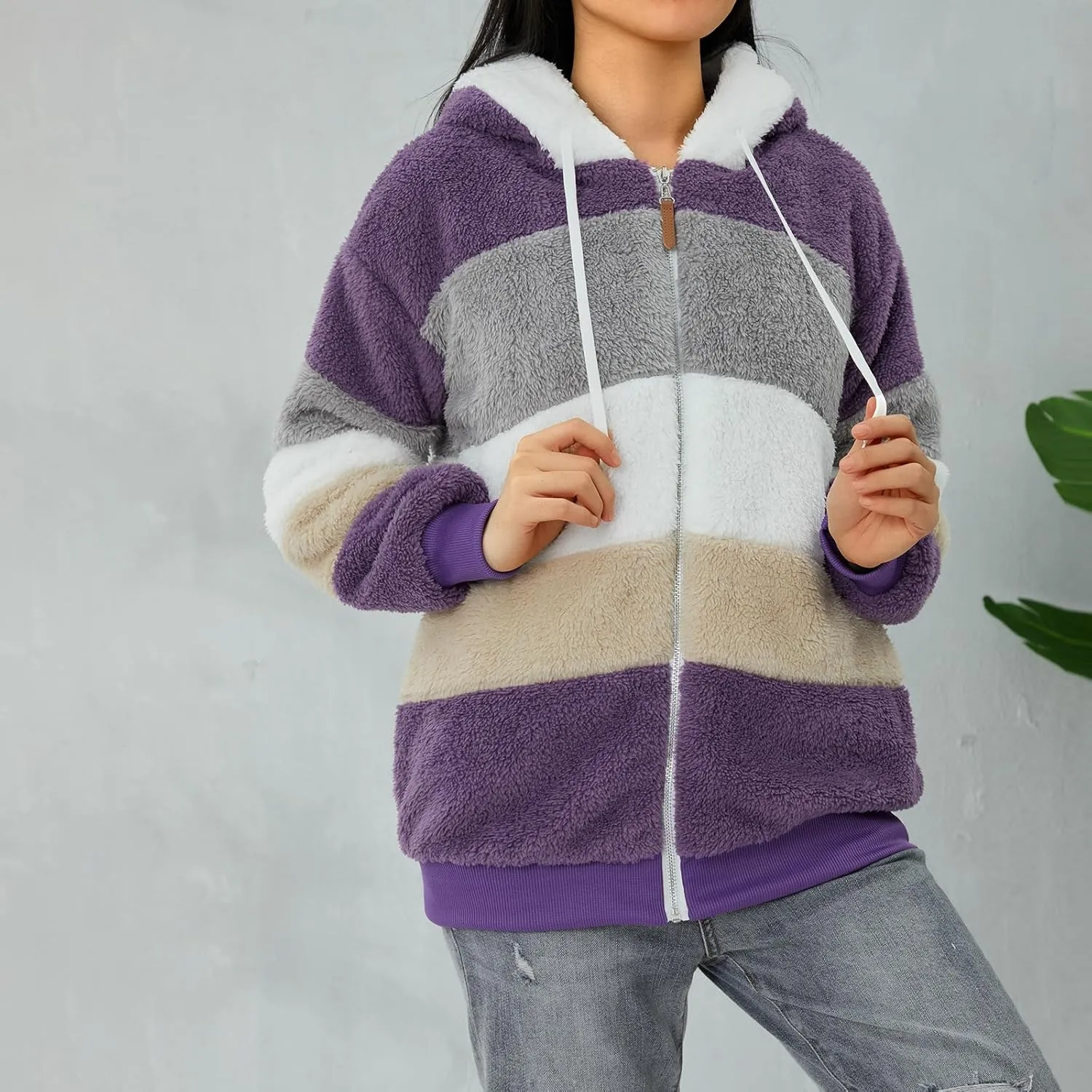 Giraropa Women Fleece Jackets Zip Hoodies Sherpa Teddy Coat Winter Warm Oversized Sweatshirt Contrast Fluffy Jumper Outwear