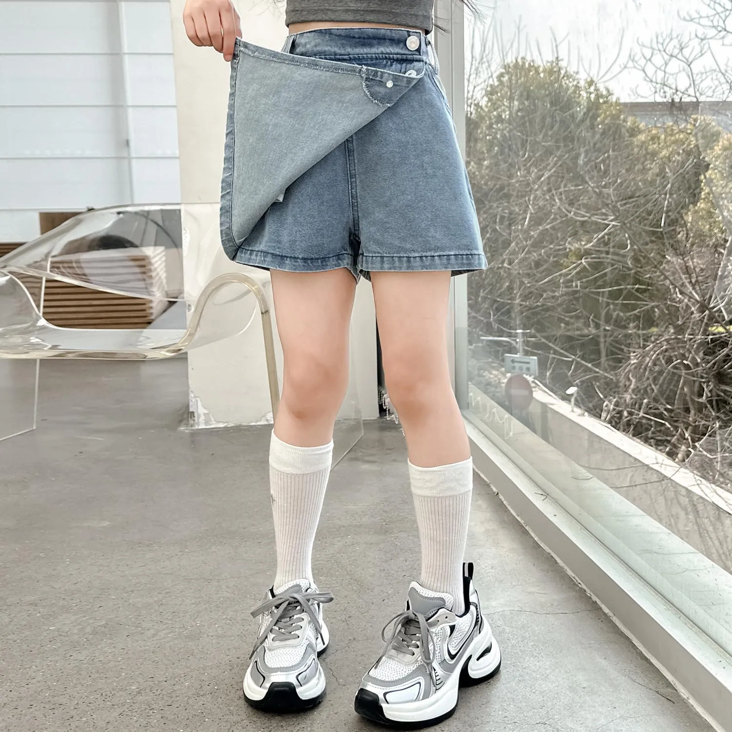 Girls' 6-14Y Button-Front Denim Skort | Ripped Destroyed Design | Summer Short for Tween & Teen