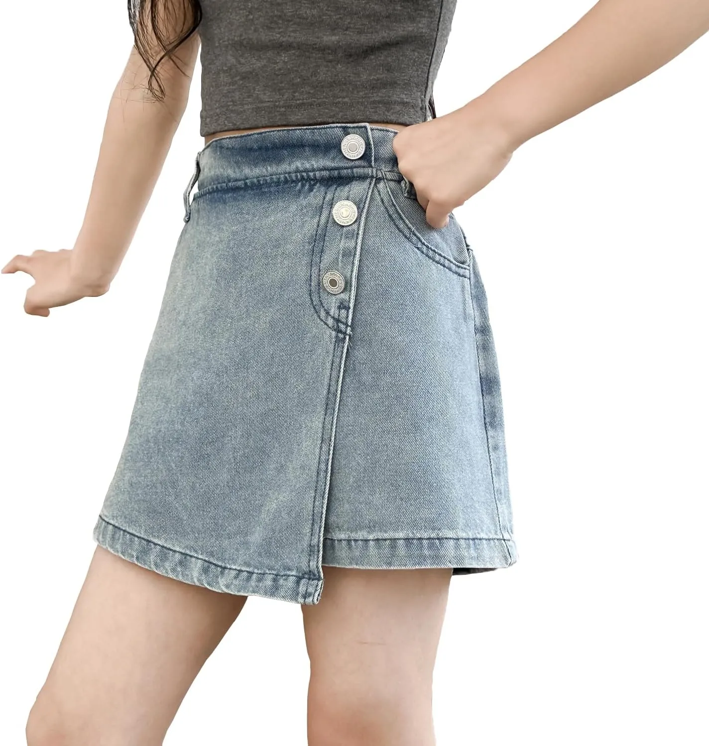 Girls' 6-14Y Button-Front Denim Skort | Ripped Destroyed Design | Summer Short for Tween & Teen