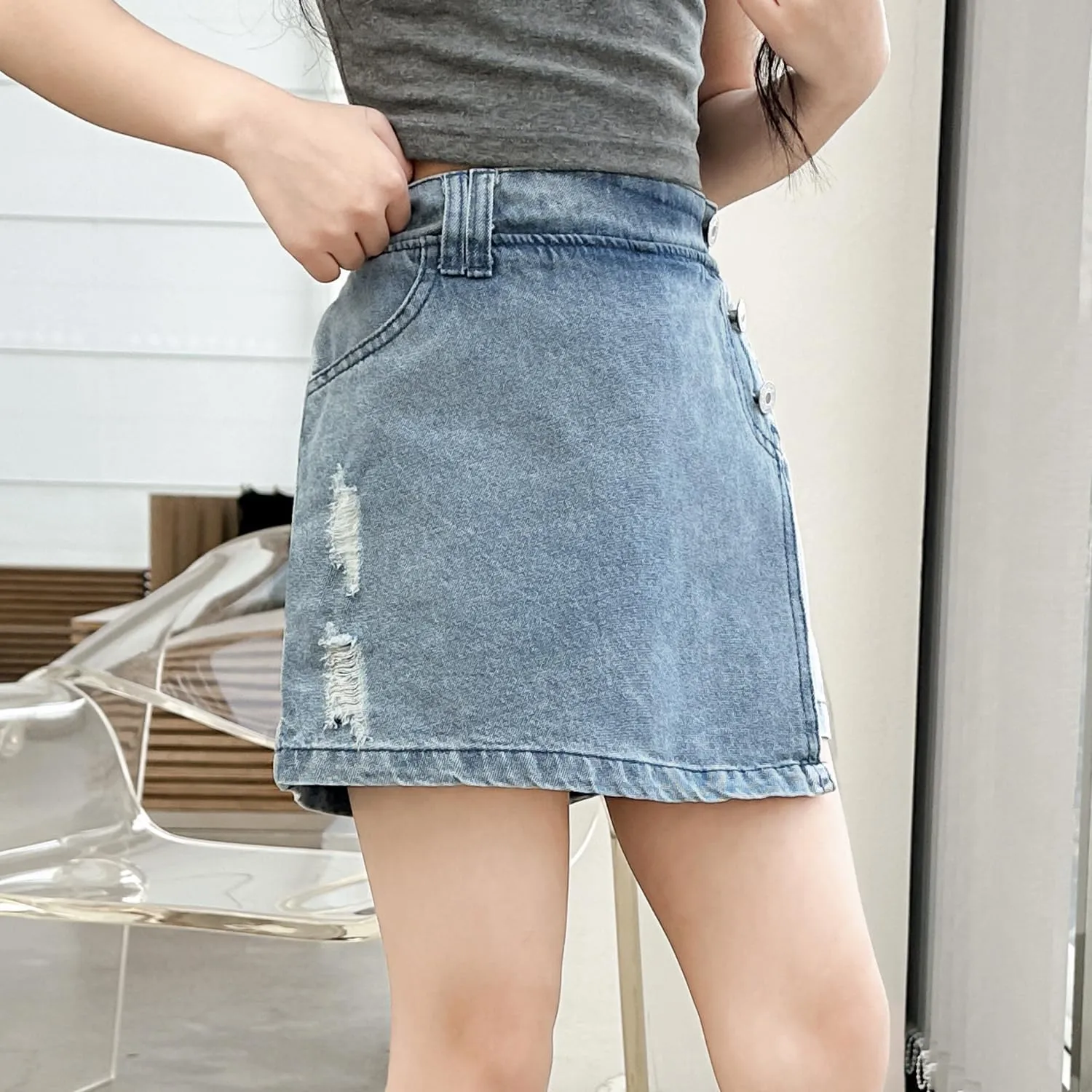 Girls' 6-14Y Button-Front Denim Skort | Ripped Destroyed Design | Summer Short for Tween & Teen