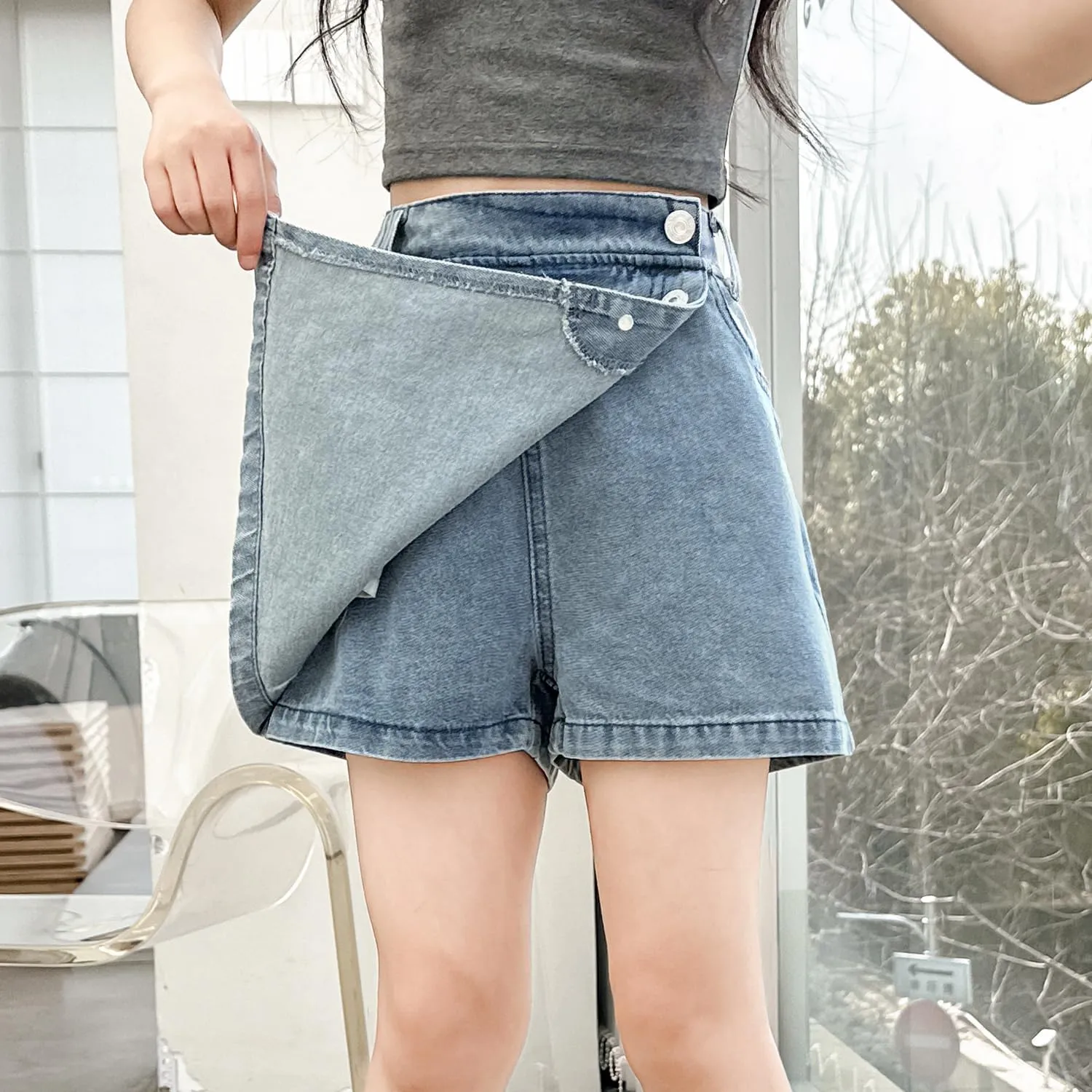 Girls' 6-14Y Button-Front Denim Skort | Ripped Destroyed Design | Summer Short for Tween & Teen