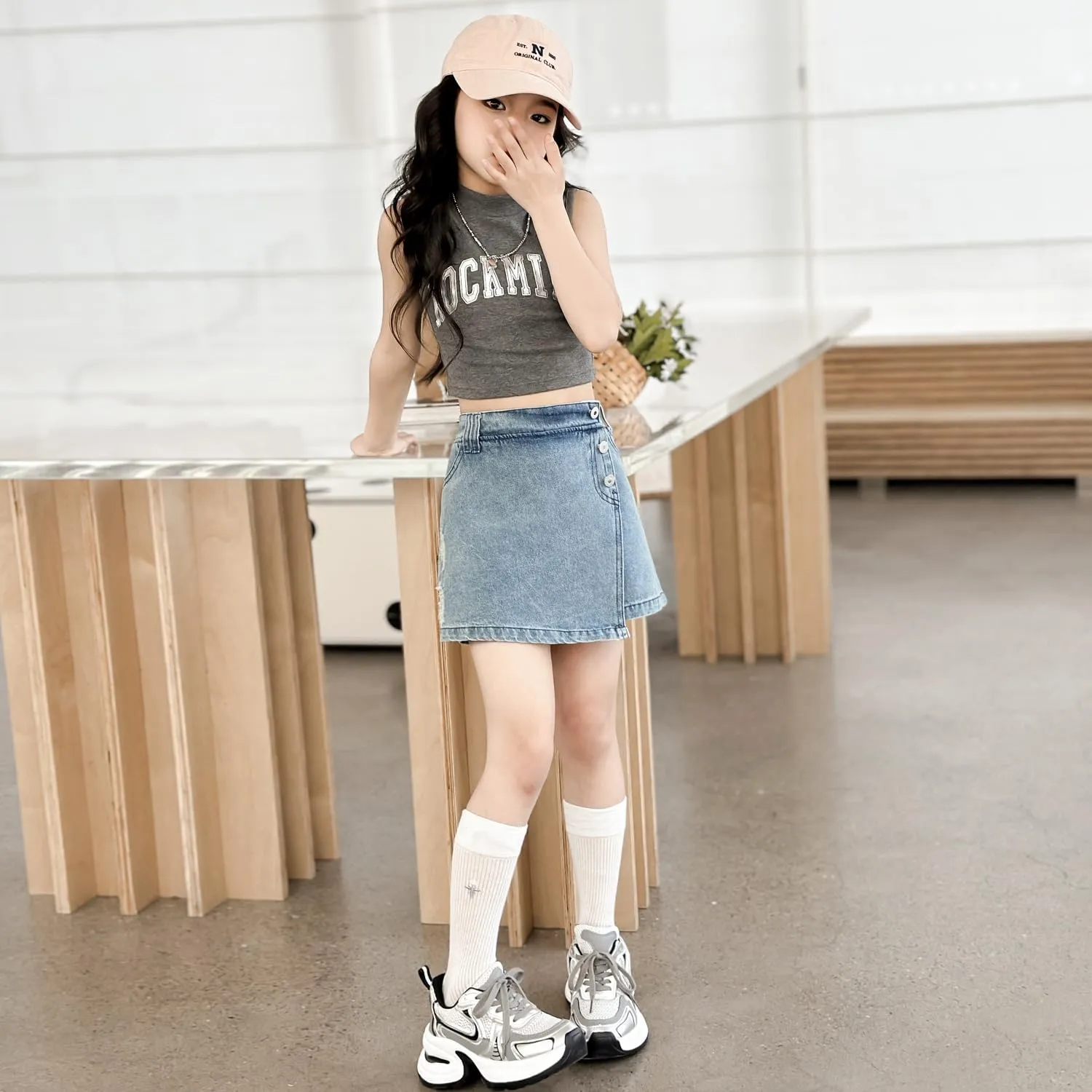 Girls' 6-14Y Button-Front Denim Skort | Ripped Destroyed Design | Summer Short for Tween & Teen