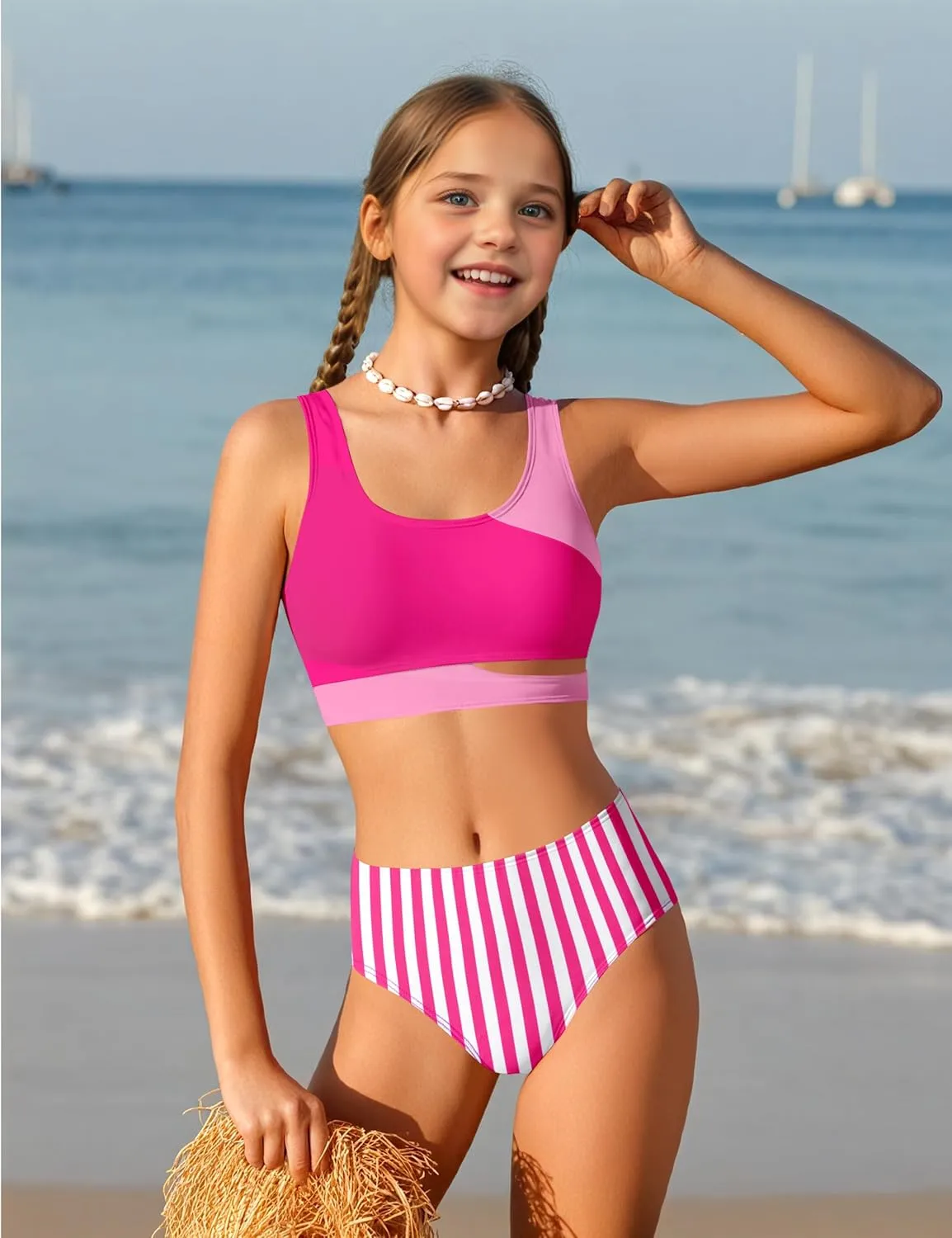 Girls Swimsuit Stripe Bathing Suit Color Block Sporty Bikini Swimsuits Swim Cover Up Skirt 3 Piece Set