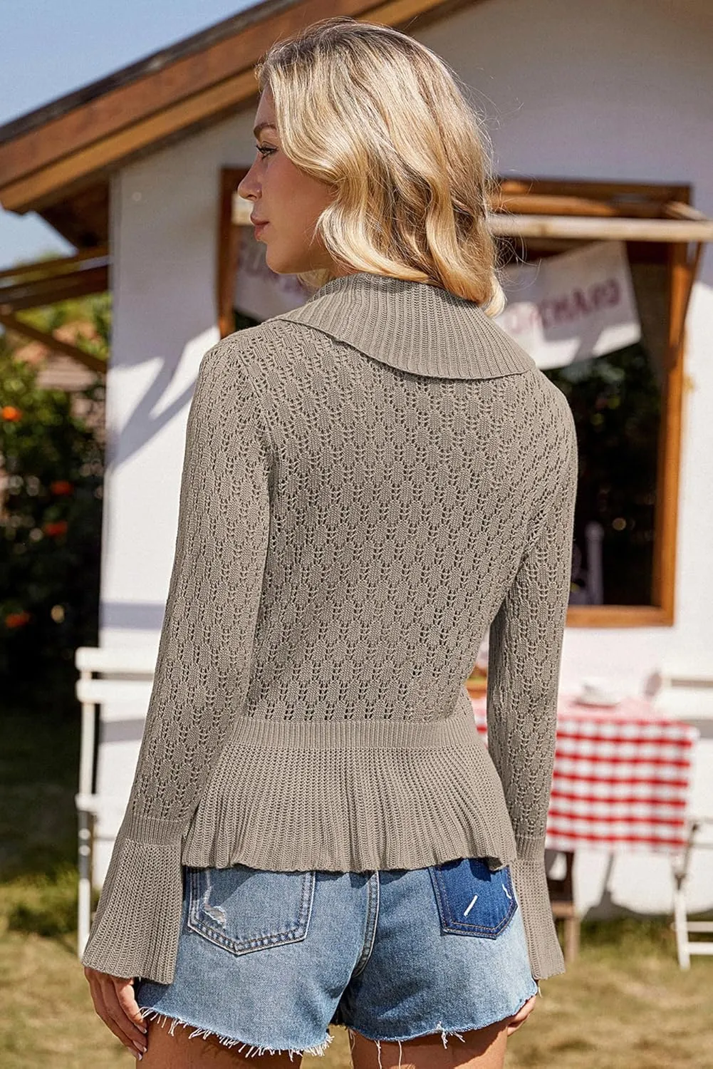 GRACE KARIN Women Hollow Out Cardigan Sweater Lapel Tie Front Crochet Knit Shrugs Long Bell Sleeves with Ruffled Hem