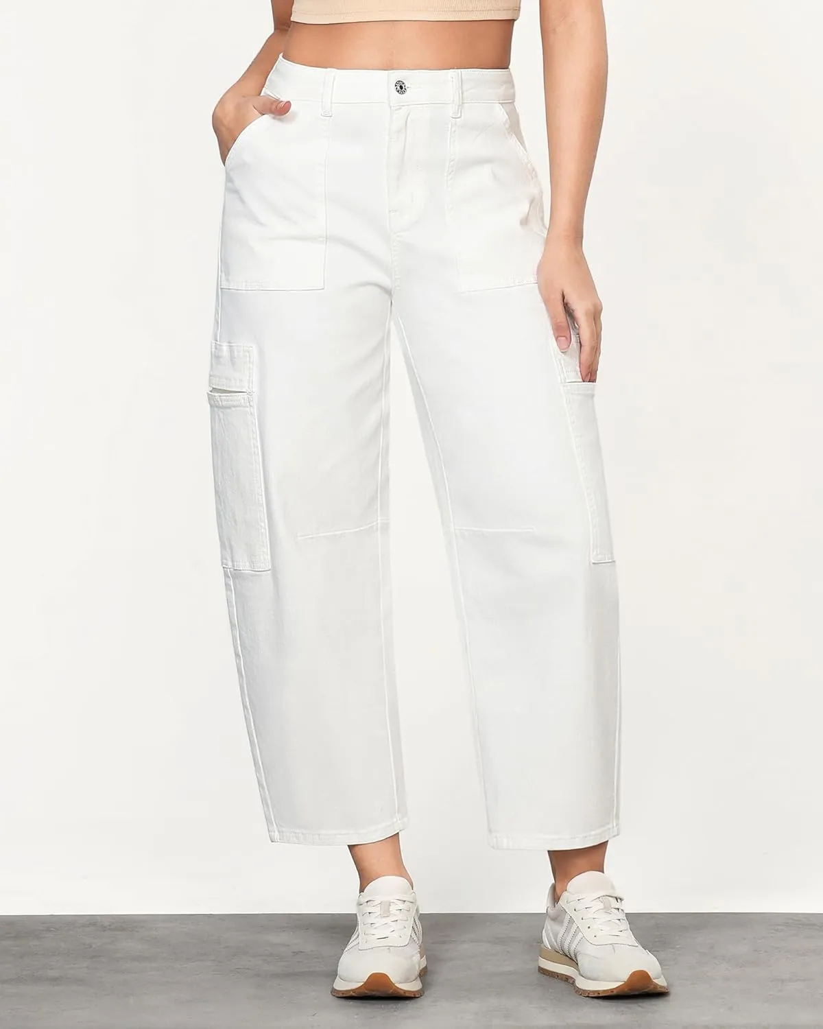 GRAPENT Barrel Jeans for Women Trendy High Waisted Cropped Cargo Pocket Baggy Stretch Denim Pants Wide Leg Tapered Jeans