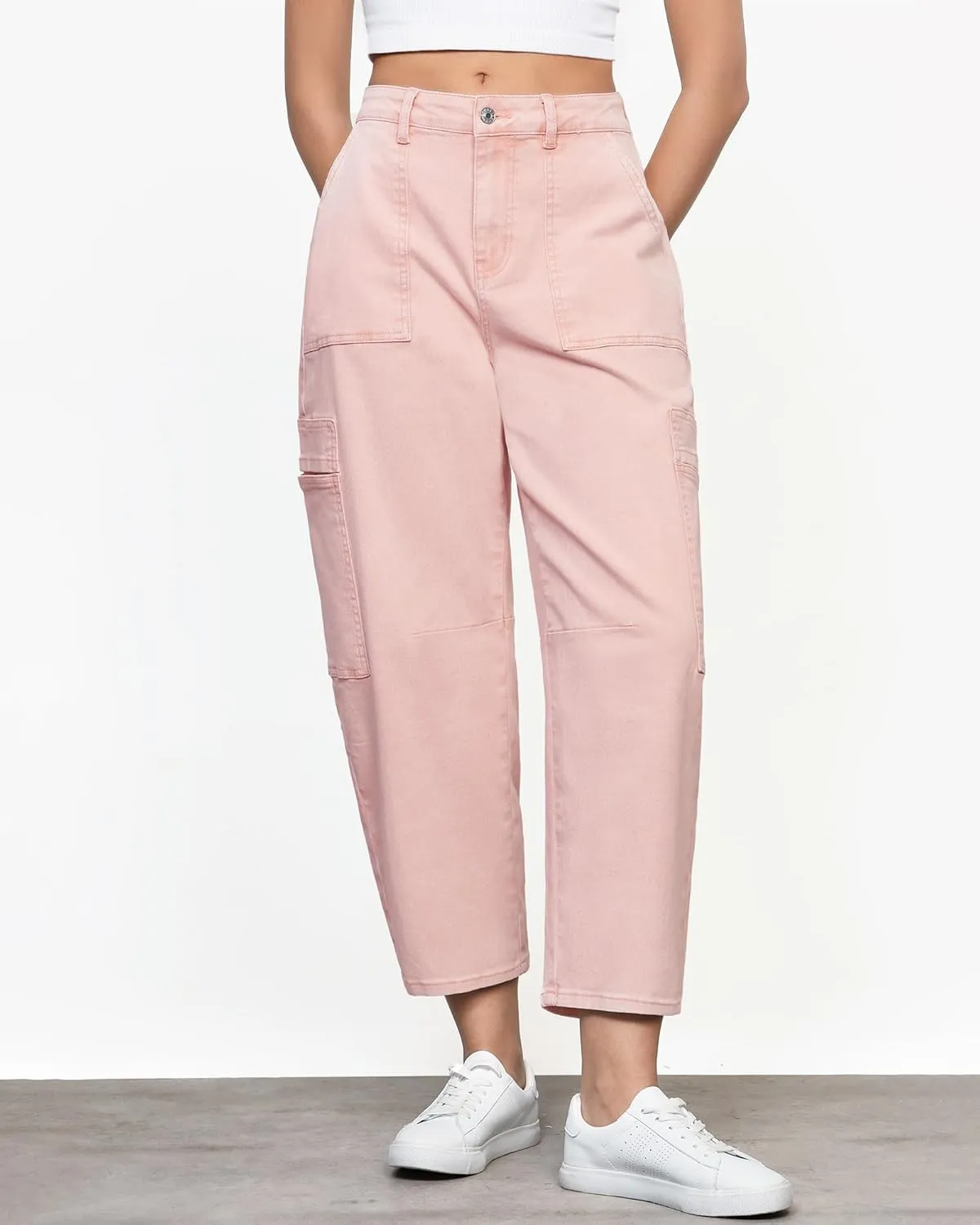 GRAPENT Barrel Jeans for Women Trendy High Waisted Cropped Cargo Pocket Baggy Stretch Denim Pants Wide Leg Tapered Jeans