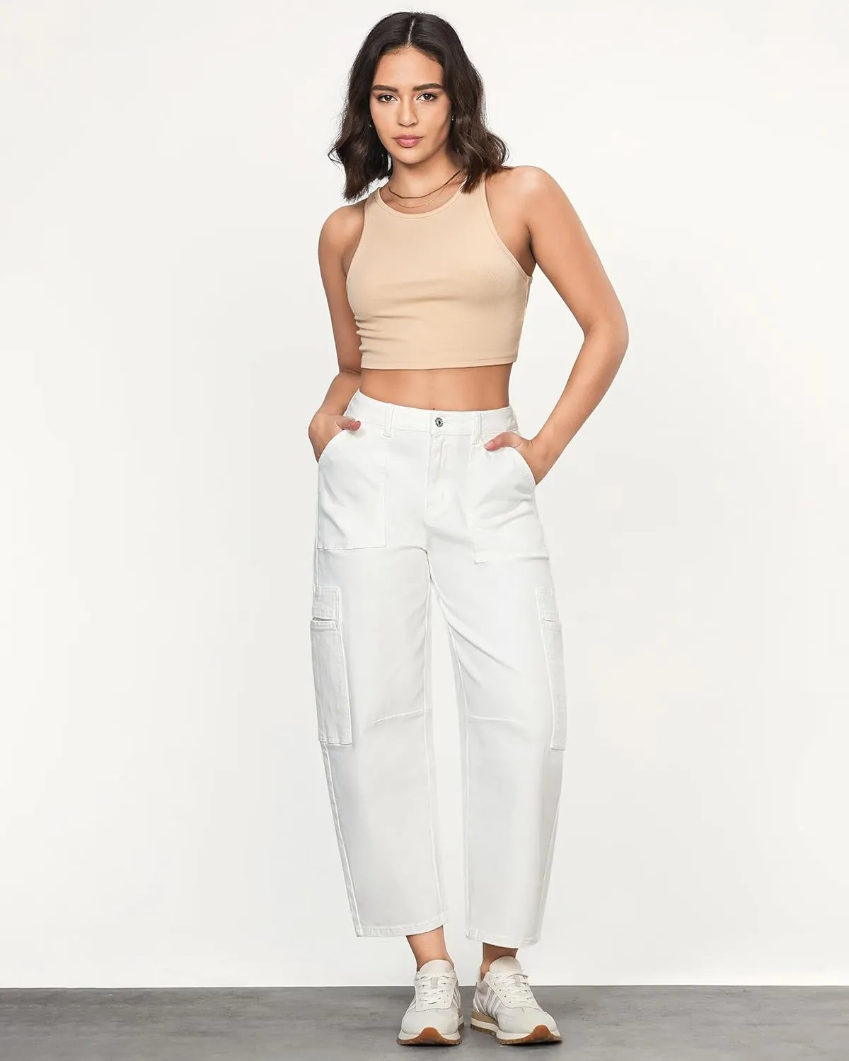 GRAPENT Barrel Jeans for Women Trendy High Waisted Cropped Cargo Pocket Baggy Stretch Denim Pants Wide Leg Tapered Jeans