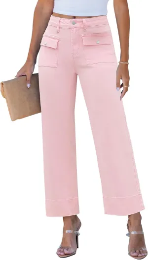 GRAPENT Wide Leg Jeans for Women Trendy High Waisted Straight Leg Cropped Stretchy Denim Pants with Retro Patch Pockets