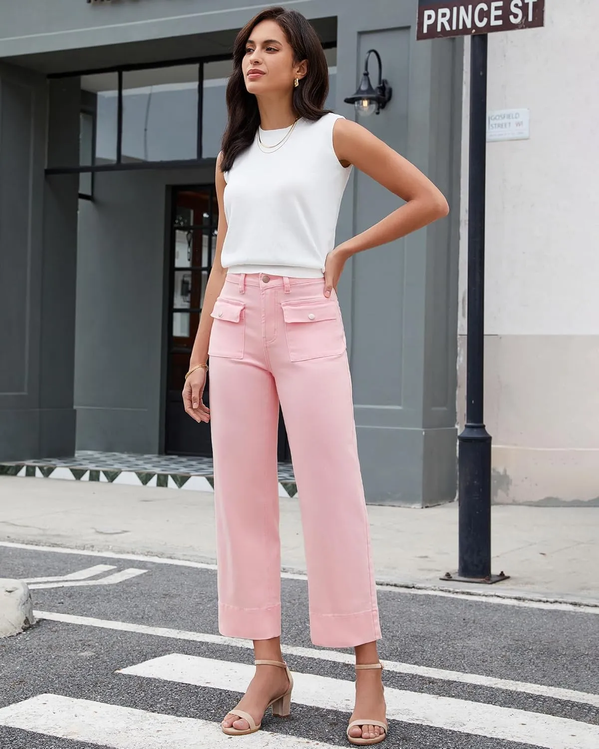 GRAPENT Wide Leg Jeans for Women Trendy High Waisted Straight Leg Cropped Stretchy Denim Pants with Retro Patch Pockets