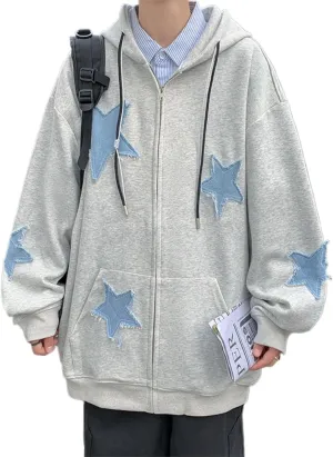 Grunge Corduroy Jackets Streetwear Oversized Star Graphic Hoodies Emo Vintage 2000s Zip Up Hoodie Y2k