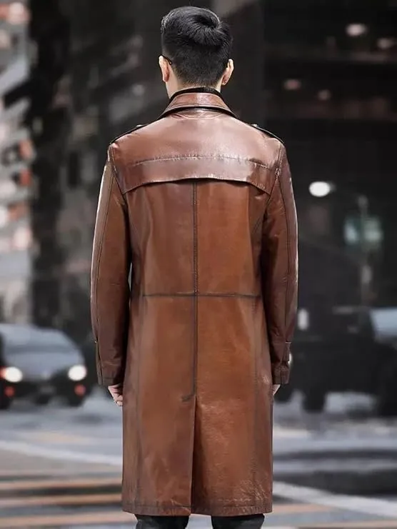 H&D Clothing Mens Trench Coat Real Leather Long Coat Vintage Style Long Leather Jacket Men Duster Overcoat