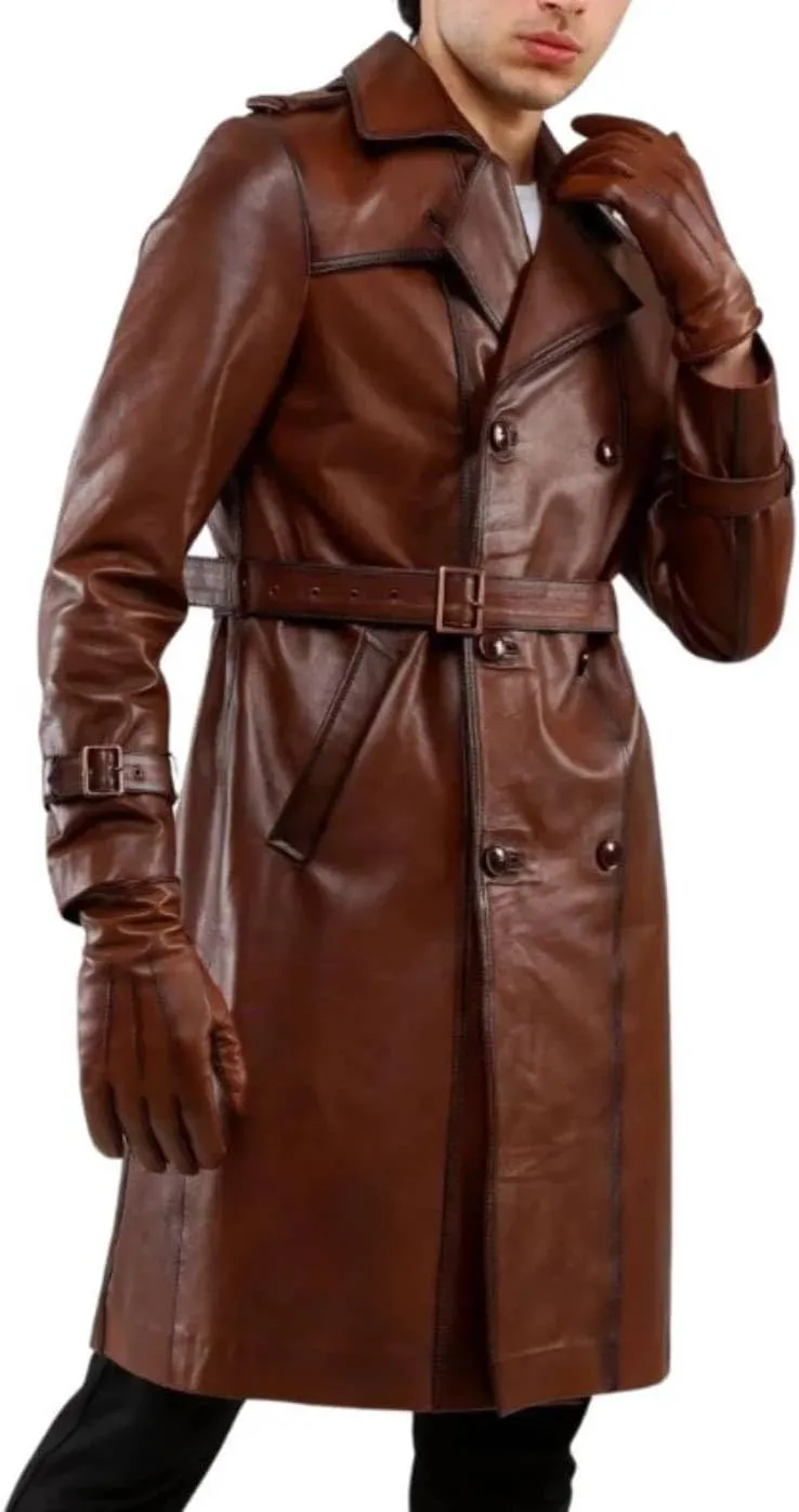 H&D Clothing Mens Trench Coat Real Leather Long Coat Vintage Style Long Leather Jacket Men Duster Overcoat