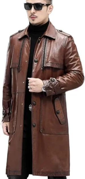 H&D Clothing Mens Trench Coat Real Leather Long Coat Vintage Style Long Leather Jacket Men Duster Overcoat