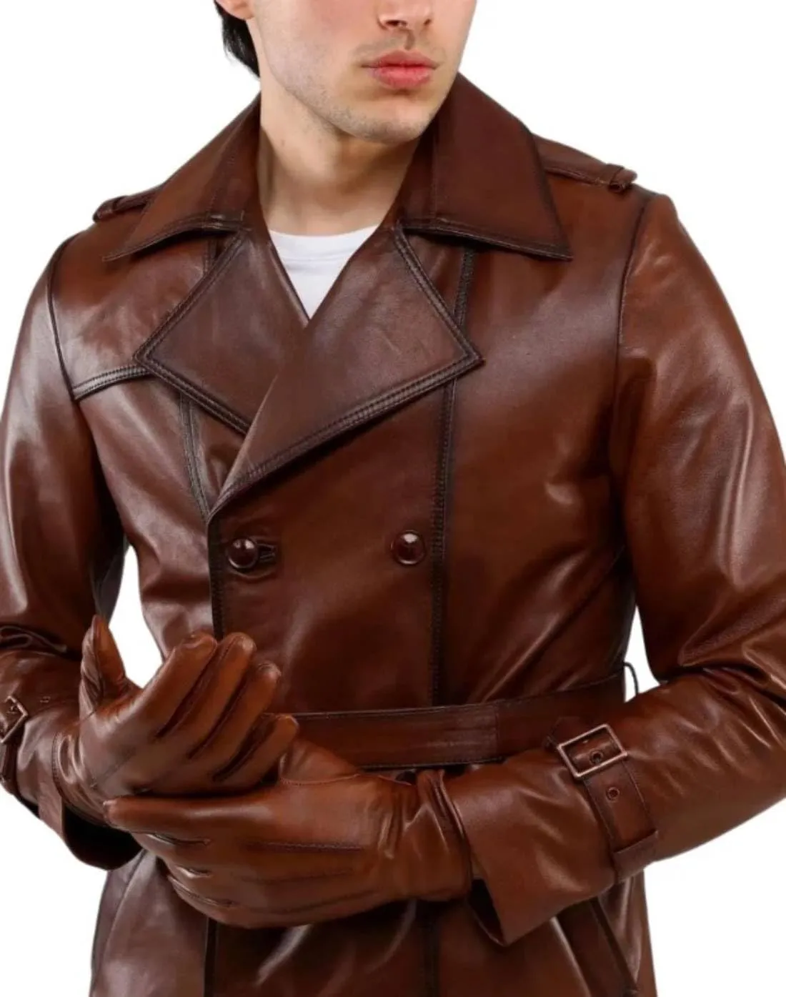 H&D Clothing Mens Trench Coat Real Leather Long Coat Vintage Style Long Leather Jacket Men Duster Overcoat