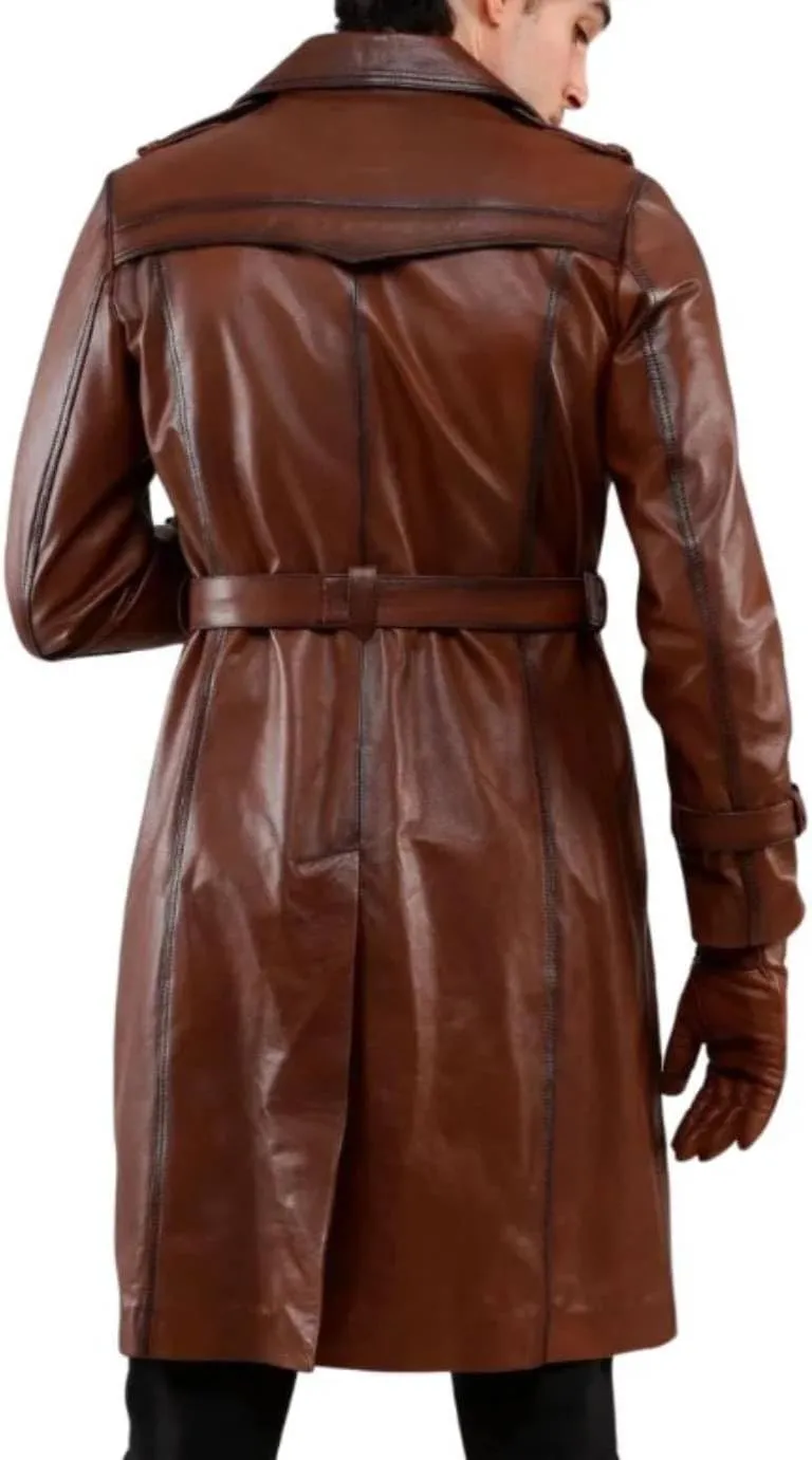 H&D Clothing Mens Trench Coat Real Leather Long Coat Vintage Style Long Leather Jacket Men Duster Overcoat