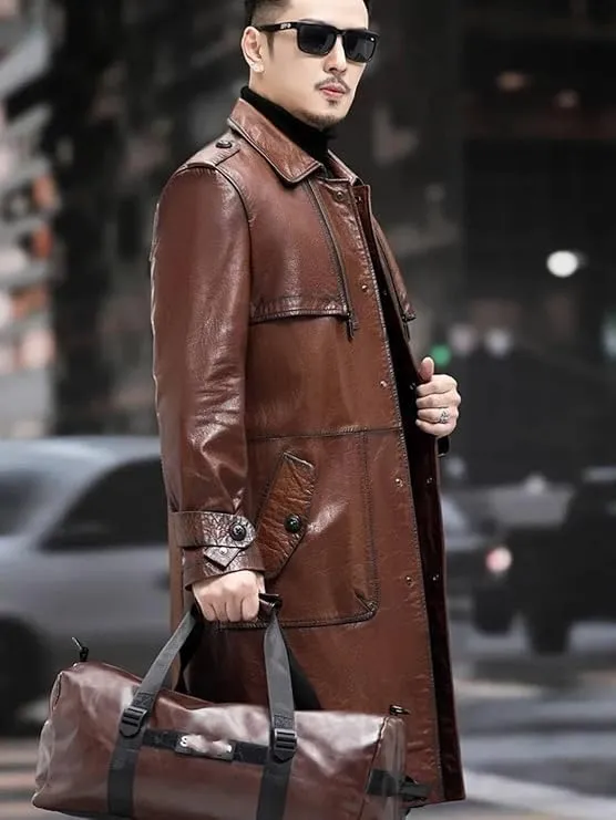 H&D Clothing Mens Trench Coat Real Leather Long Coat Vintage Style Long Leather Jacket Men Duster Overcoat