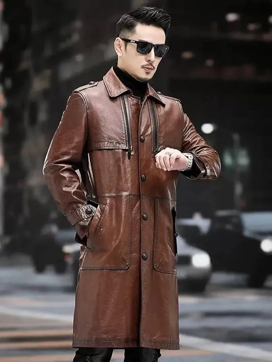 H&D Clothing Mens Trench Coat Real Leather Long Coat Vintage Style Long Leather Jacket Men Duster Overcoat