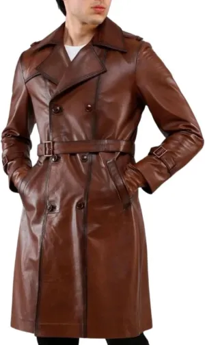 H&D Clothing Mens Trench Coat Real Leather Long Coat Vintage Style Long Leather Jacket Men Duster Overcoat