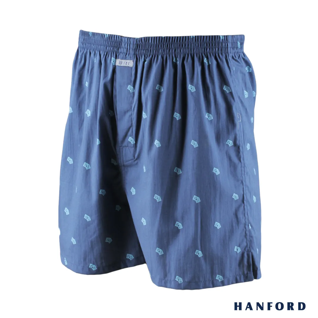 Hanford Men 100% Premium Cotton Woven Boxer Shorts Linear - Linear Print/Dark Denim (SinglePack)