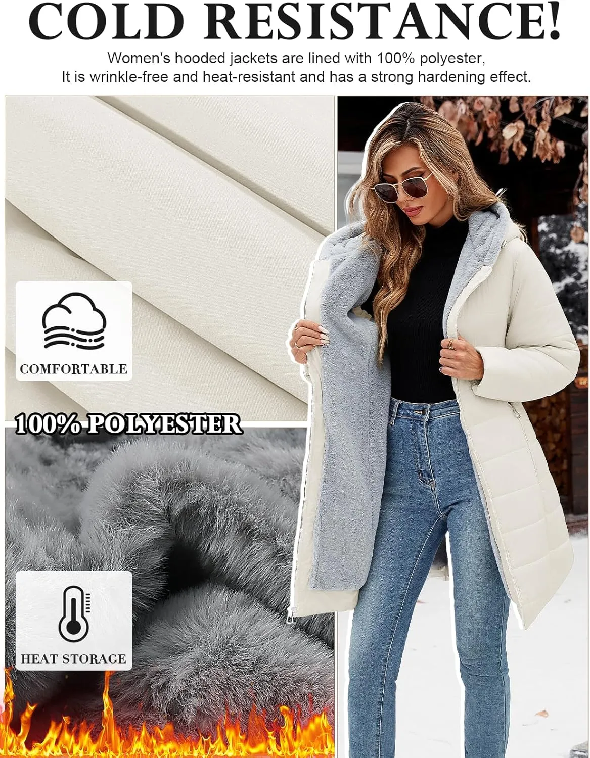 HEEKPEK Women's Winter Warm Puffer Coats Fleece Hood Zipper Long Jackets Slim Fit Drawstring Thicken Overcoats with Pockets