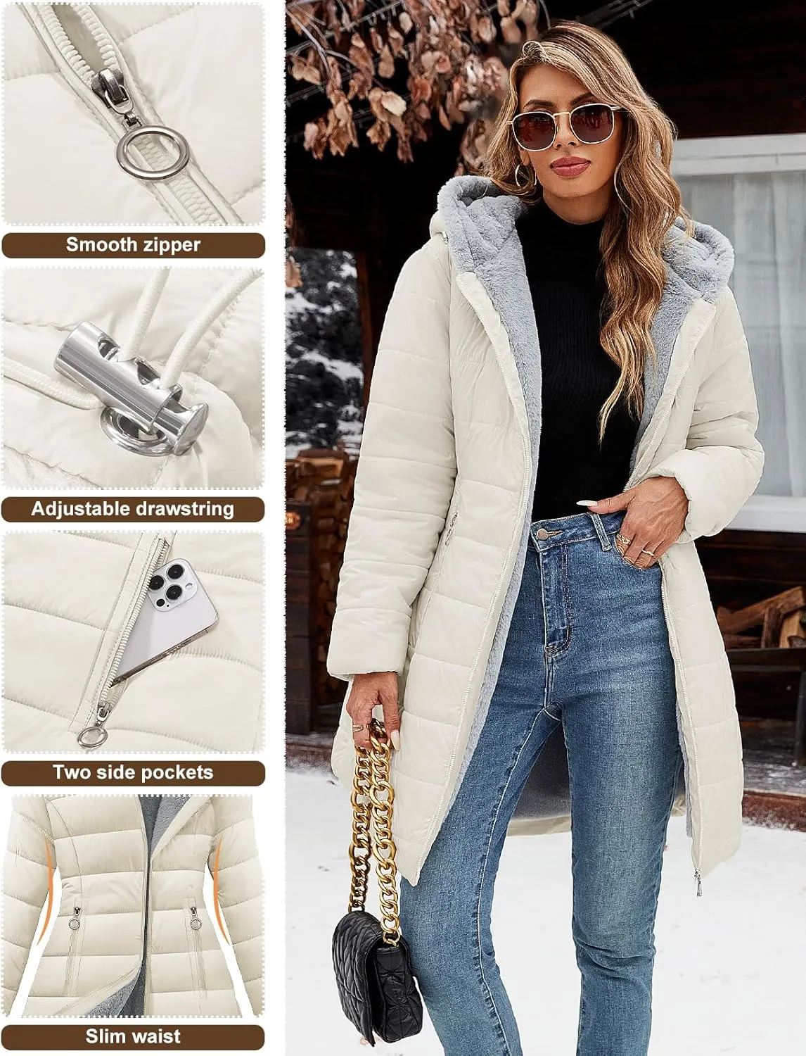 HEEKPEK Women's Winter Warm Puffer Coats Fleece Hood Zipper Long Jackets Slim Fit Drawstring Thicken Overcoats with Pockets