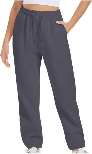 High Waist Straight Leg Sweatpants for Women Trendy Fall y2k Pant Trousers Fleece Athletic Joggers with Pockets