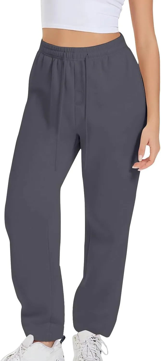 High Waist Straight Leg Sweatpants for Women Trendy Fall y2k Pant Trousers Fleece Athletic Joggers with Pockets