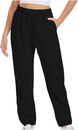 High Waist Straight Leg Sweatpants for Women Trendy Fall y2k Pant Trousers Fleece Athletic Joggers with Pockets