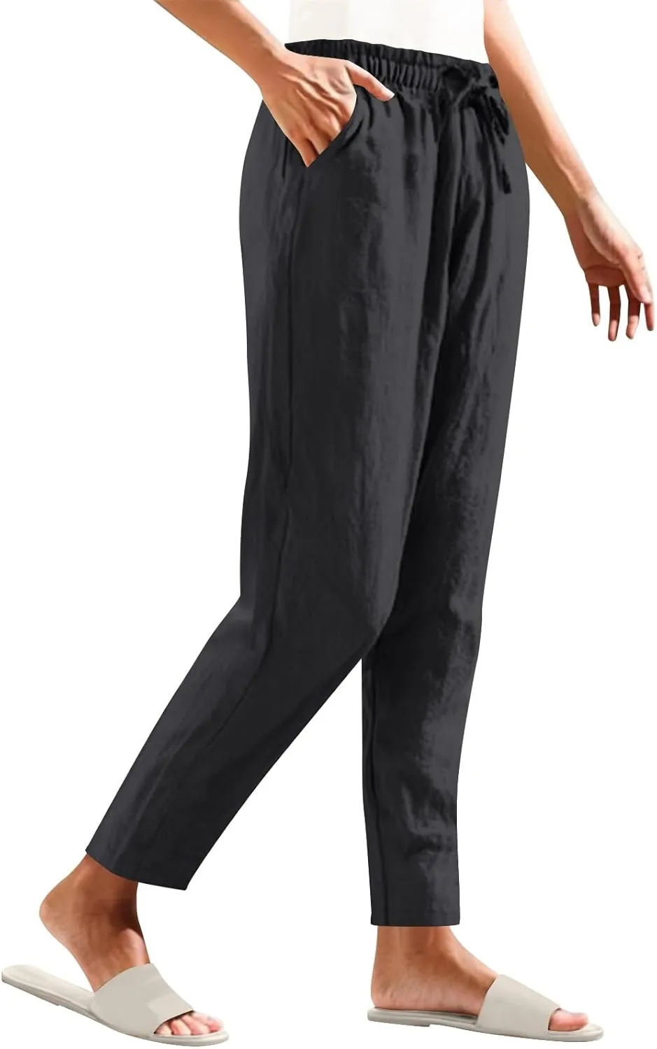 High Waisted Pants for Women Casual Comfy Wide Leg Stretchy Pant Solid Color Cotton Linen Pocketed Bootcut Trousers