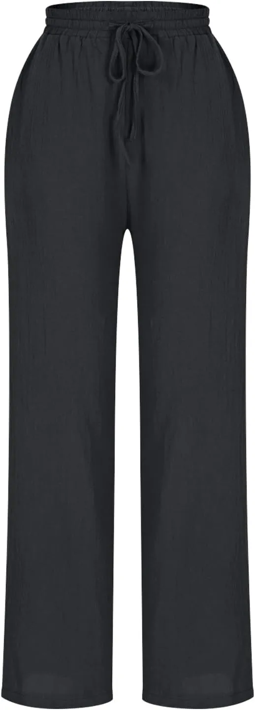 High Waisted Pants for Women Casual Comfy Wide Leg Stretchy Pant Solid Color Cotton Linen Pocketed Bootcut Trousers