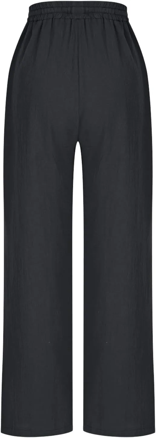 High Waisted Pants for Women Casual Comfy Wide Leg Stretchy Pant Solid Color Cotton Linen Pocketed Bootcut Trousers