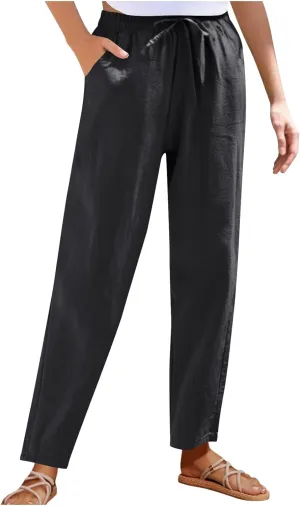 High Waisted Pants for Women Casual Comfy Wide Leg Stretchy Pant Solid Color Cotton Linen Pocketed Bootcut Trousers