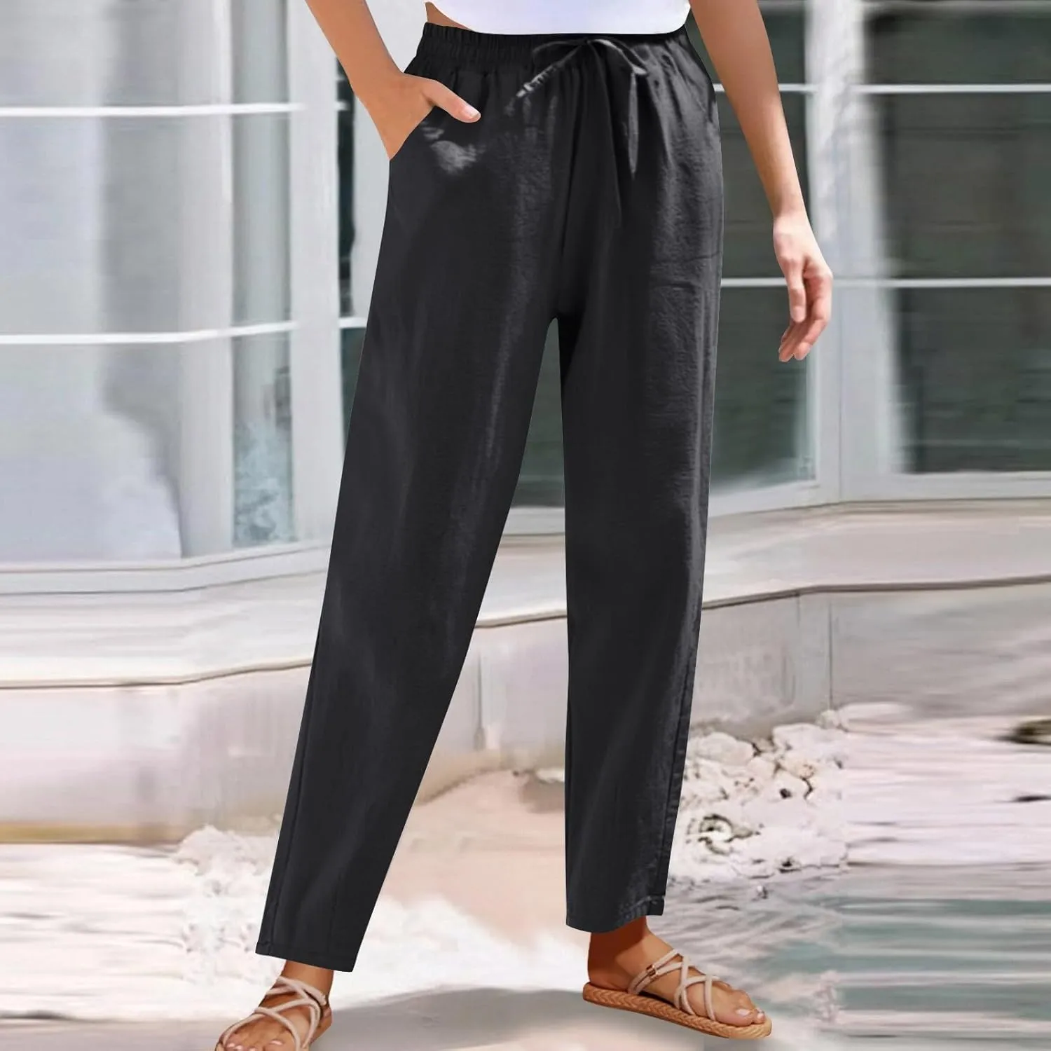 High Waisted Pants for Women Casual Comfy Wide Leg Stretchy Pant Solid Color Cotton Linen Pocketed Bootcut Trousers